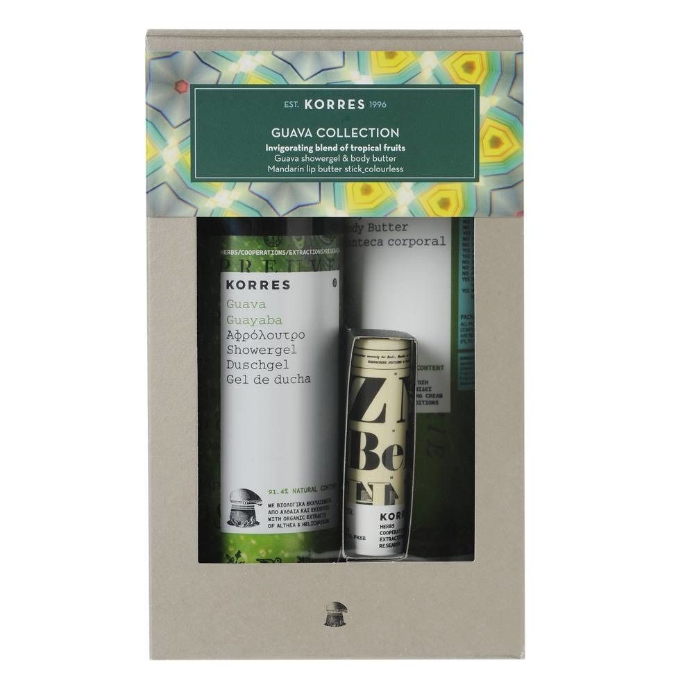 Set regalo KORRES. Include gel doccia, burro corpo e balsamo labbra. Confezione in scatola con motivo guava.