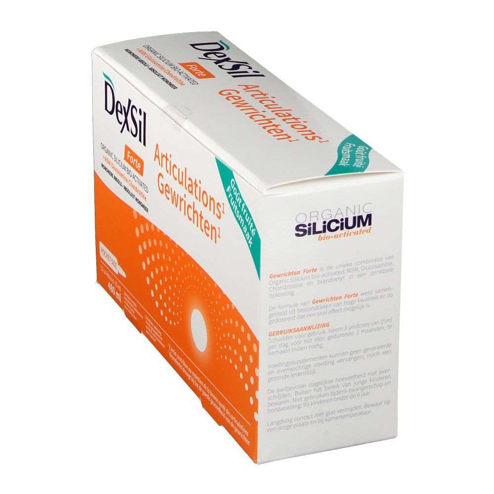 Confezione di DexSil Forte in diagonale. Bianca, arancione e verde. Testo: DexSil Forte, Articulations Gewrichten.