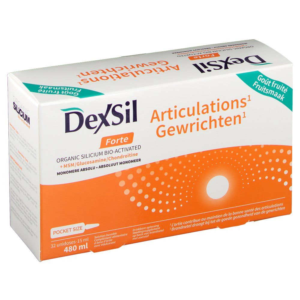 Confezione di DexSil Forte. Bianca, arancione e verde. Testo: DexSil Forte, Articulations Gewrichten, Pocket Size.