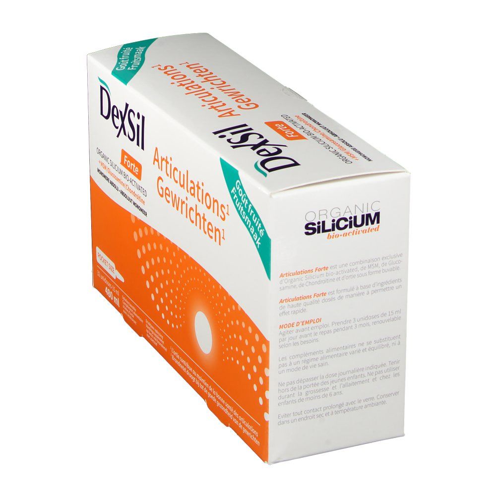 Confezione di DexSil Forte in diagonale. Bianca, arancione e verde. Testo: DexSil Forte, Articulations Gewrichten.