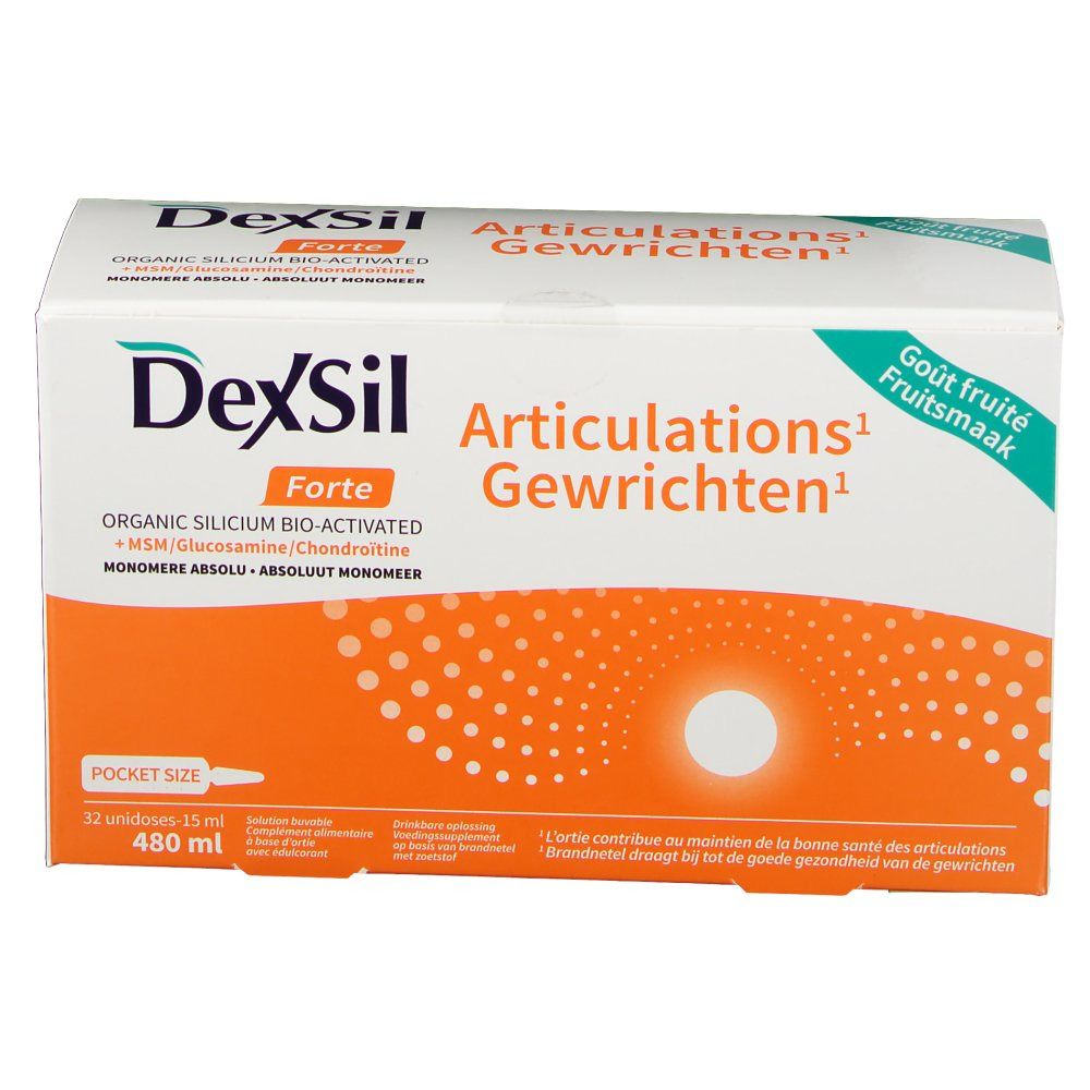 Confezione di DexSil Forte. Bianca, arancione e verde. Testo: DexSil Forte, Articulations Gewrichten, Pocket Size.