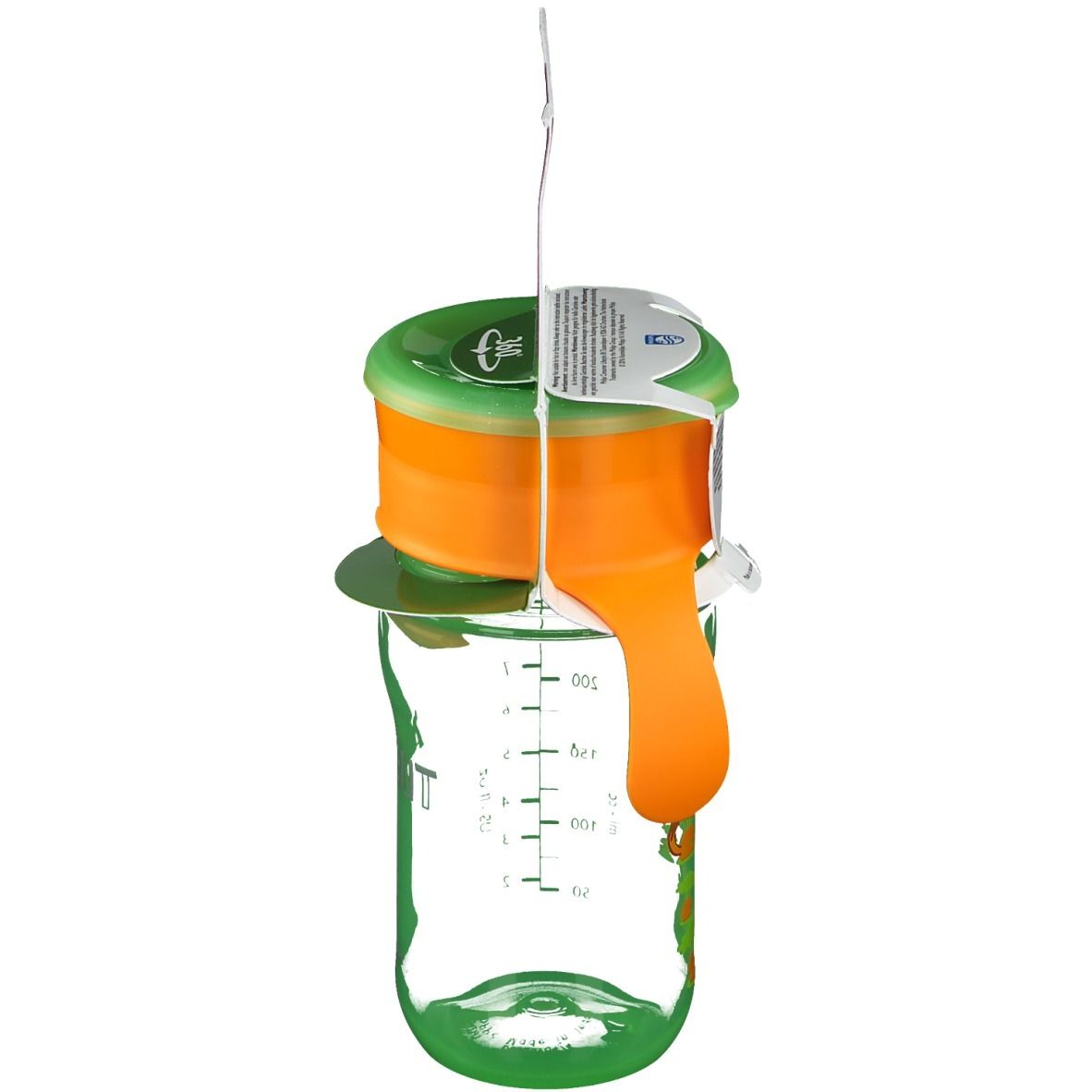 Tazza, verde-arancione. Con manici e scala graduata. Confezione con informazioni sul prodotto. Logo AVENT. Bordo per bere a 360°.