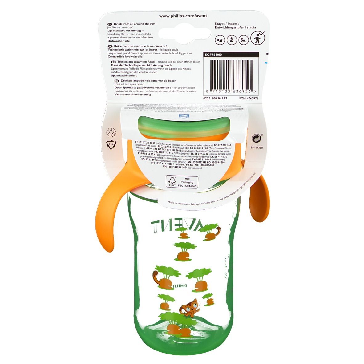 Retro della tazza. Informazioni sul prodotto sulla confezione. Logo AVENT. Bordo per bere a 360°. Con manici. Scala graduata.