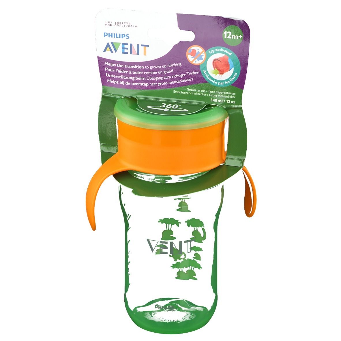 Tazza, verde-arancione. Con manici. Indicazione 12m+. Bordo per bere a 360°. Logo AVENT. Confezione con informazioni sul prodotto.