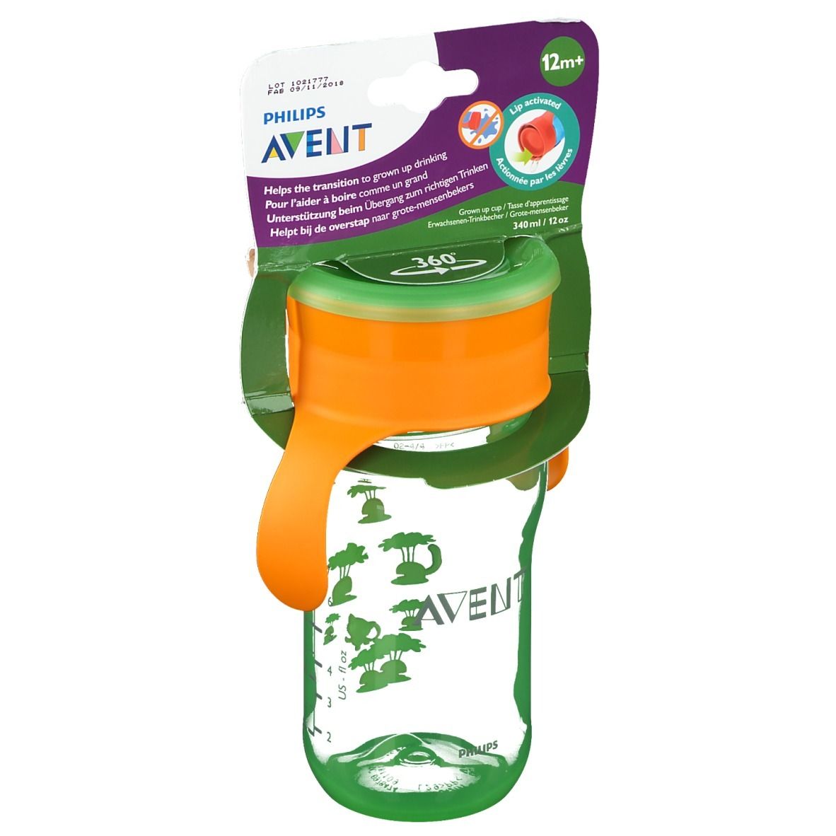 Tazza, verde-arancione. Con manici. Indicazione 12m+. Bordo per bere a 360°. Logo AVENT. Scala graduata. Confezione.