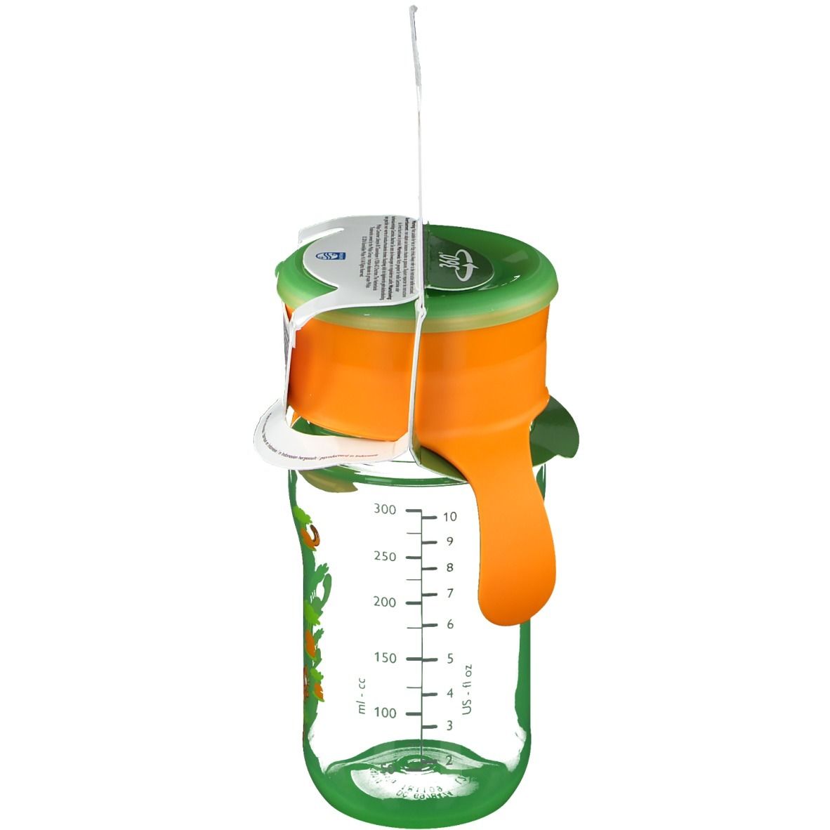 Tazza, verde-arancione. Con manici e scala graduata. Confezione con informazioni sul prodotto. Logo AVENT. Bordo per bere a 360°.