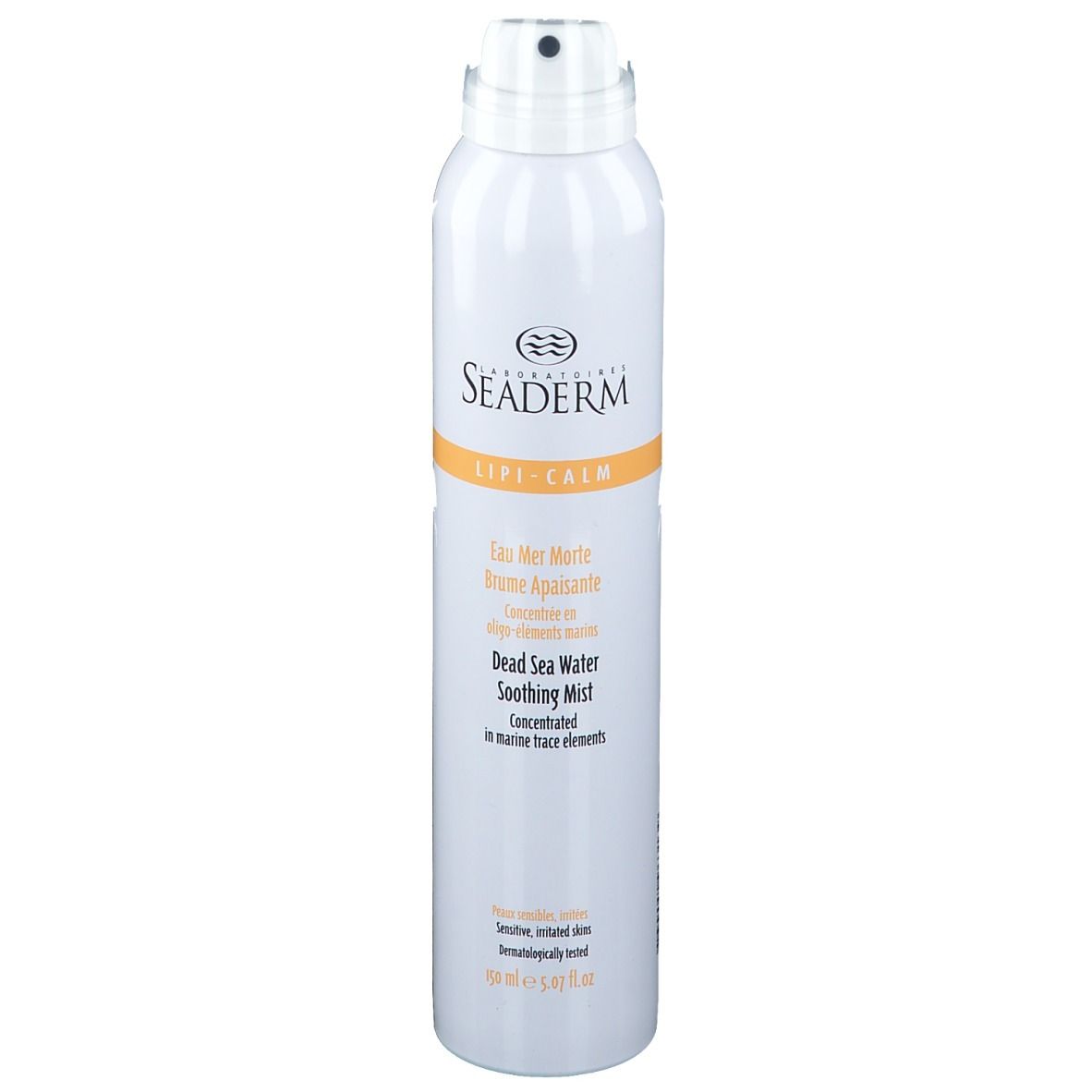 Flacone spray bianco con informazioni sul prodotto. Scritta: SEADERM Lipi-Calm. Contiene acqua del Mar Morto. Per pelli sensibili.