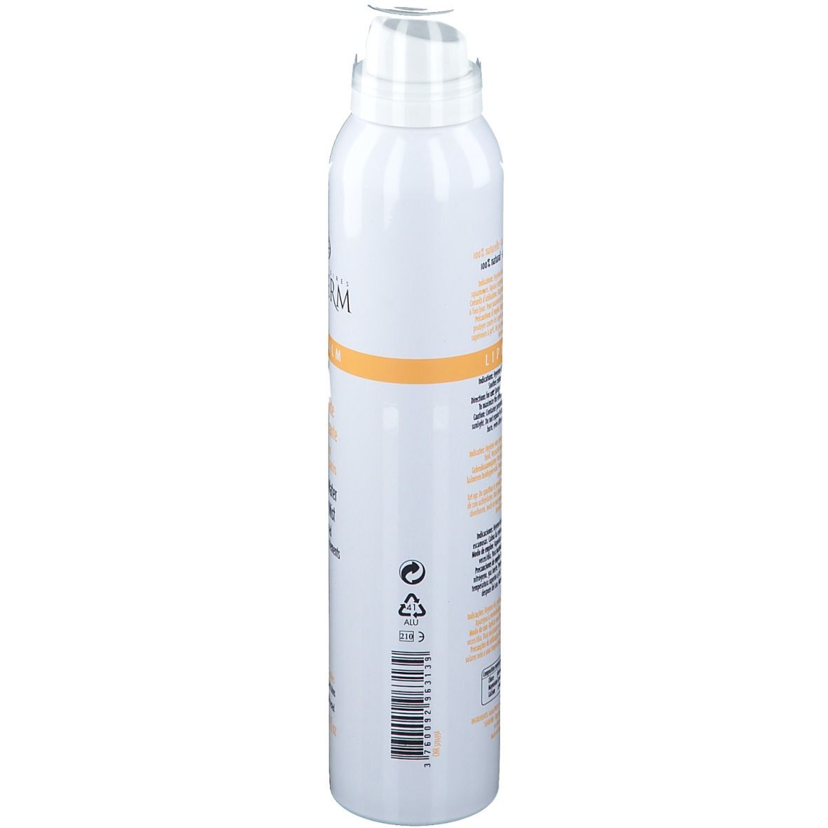Flacone spray bianco, vista laterale. Informazioni sul prodotto e codice a barre visibili. Scritta: SEADERM Lipi-Calm. Per pelli sensibili.