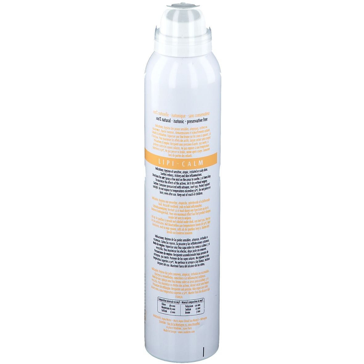 Flacone spray bianco, vista posteriore. Informazioni sul prodotto e ingredienti visibili. Scritta: SEADERM Lipi-Calm. Per pelli sensibili.