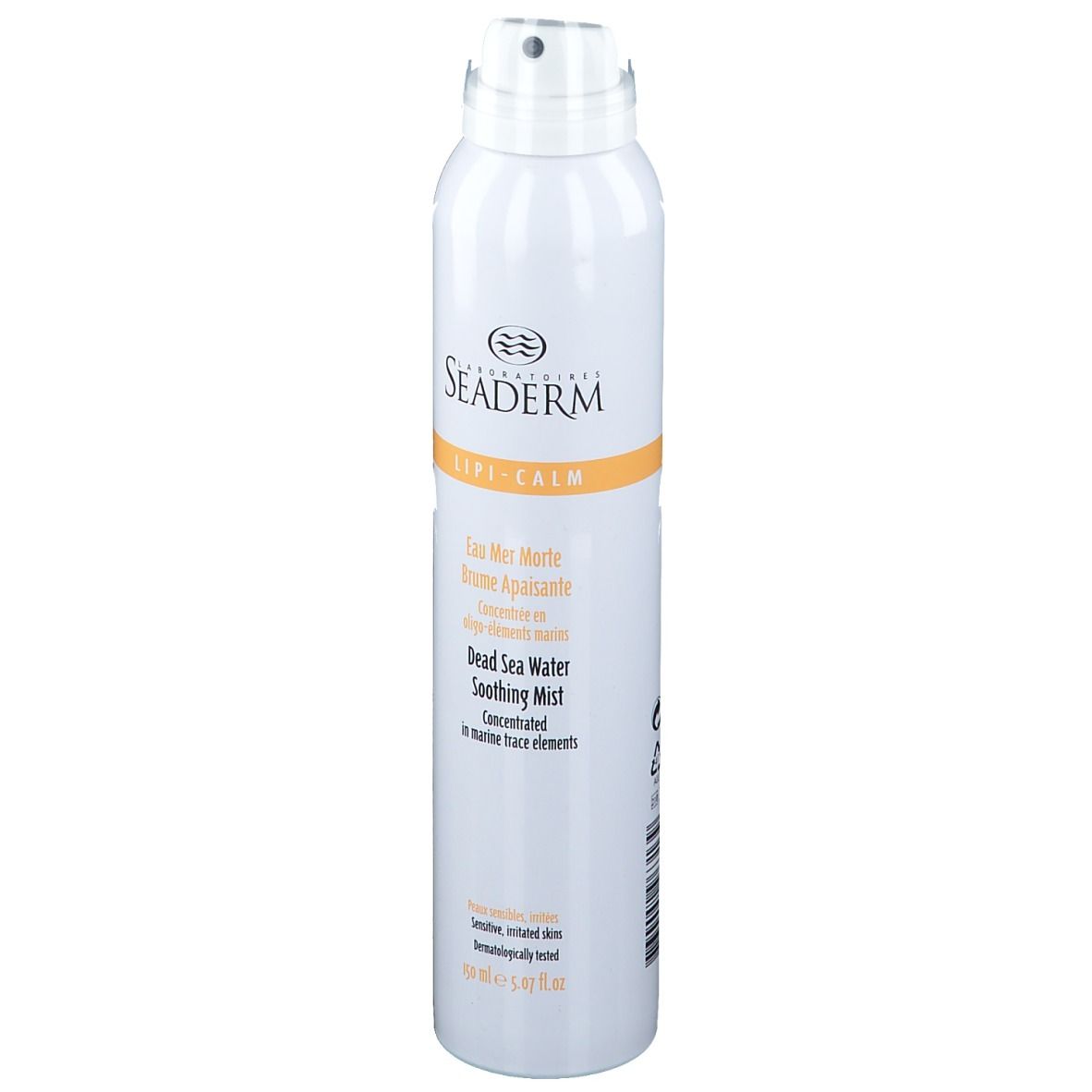 Flacone spray bianco con informazioni sul prodotto. Scritta: SEADERM Lipi-Calm. Contiene acqua del Mar Morto. Per pelli sensibili.