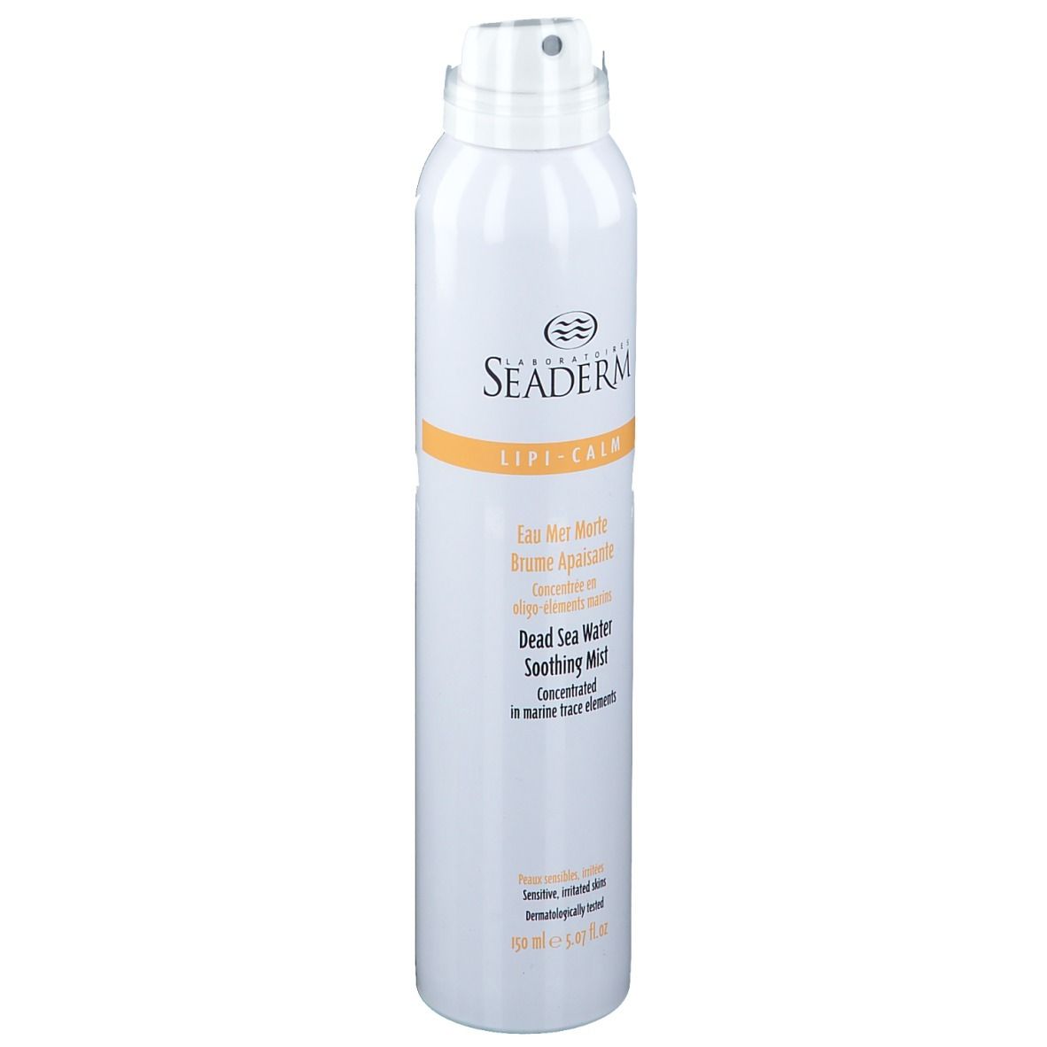 Flacone spray bianco con informazioni sul prodotto. Scritta: SEADERM Lipi-Calm. Contiene acqua del Mar Morto. Per pelli sensibili.