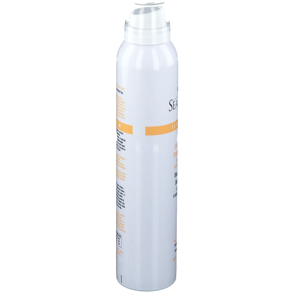 Flacone spray bianco, vista laterale. Informazioni sul prodotto e codice a barre visibili. Scritta: SEADERM Lipi-Calm. Per pelli sensibili.