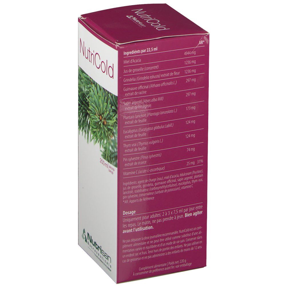 Retro confezione NutriCold con elenco ingredienti e dosaggio. Contiene miele, timo, vitamina C.