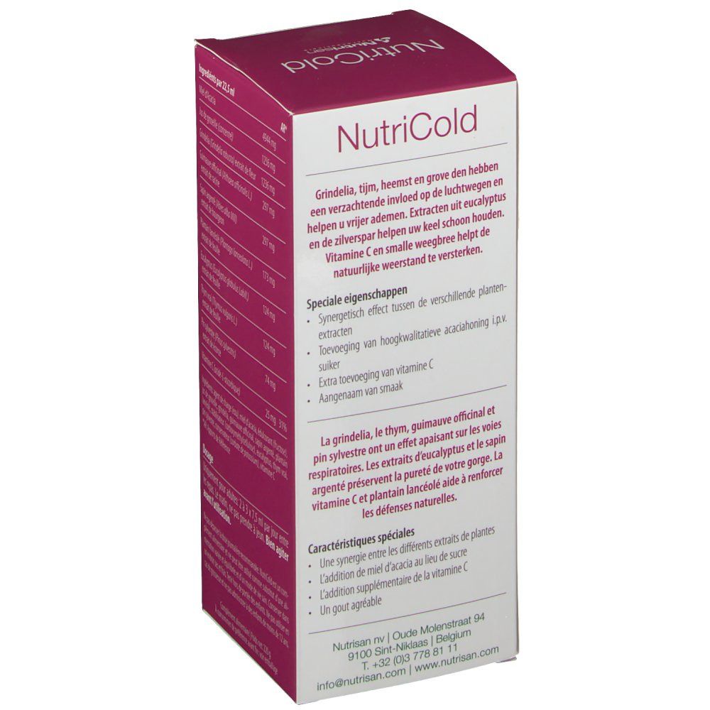 Lato confezione NutriCold con informazioni sugli ingredienti e proprietà. Contiene eucalipto.