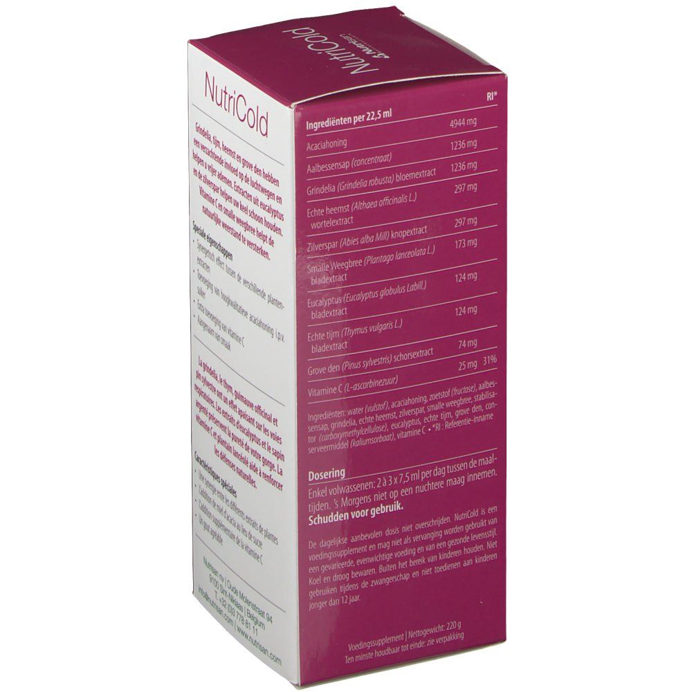 Lato confezione NutriCold con elenco ingredienti e dosaggio. Contiene miele, timo, vitamina C.