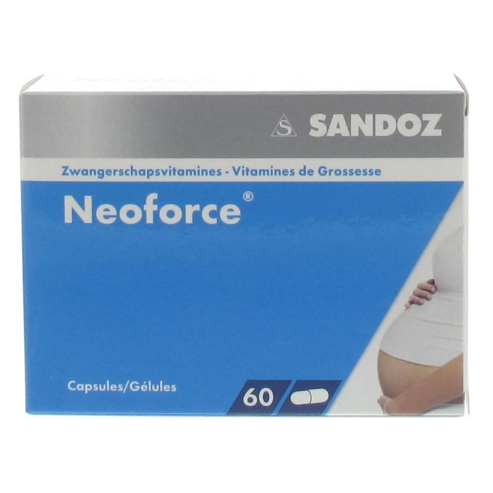 Scatola di Neoforce, 60 capsule. Logo Sandoz. Scritta: Vitamine per la gravidanza. Illustrazione di donna incinta.
