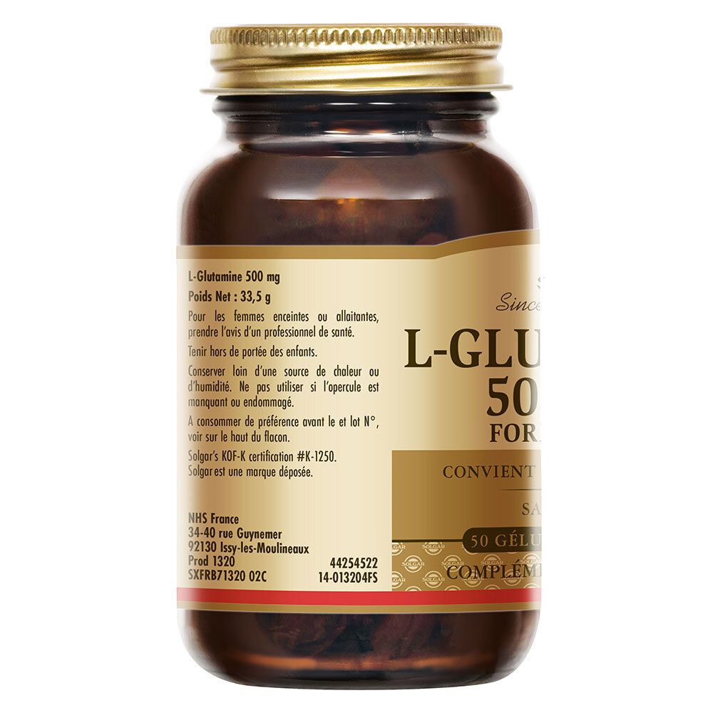 Retro del flacone. Testo: L-Glutammina 500 mg. Informazioni sull'uso e ingredienti. Certificazione KOF-K.