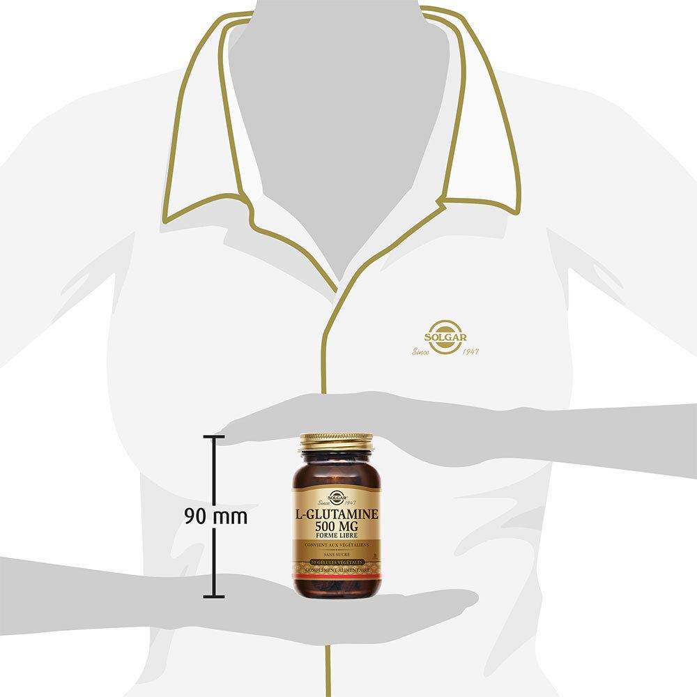 Una persona tiene il flacone. Il flacone è alto circa 90 mm. C'è scritto L-Glutammina 500 mg.