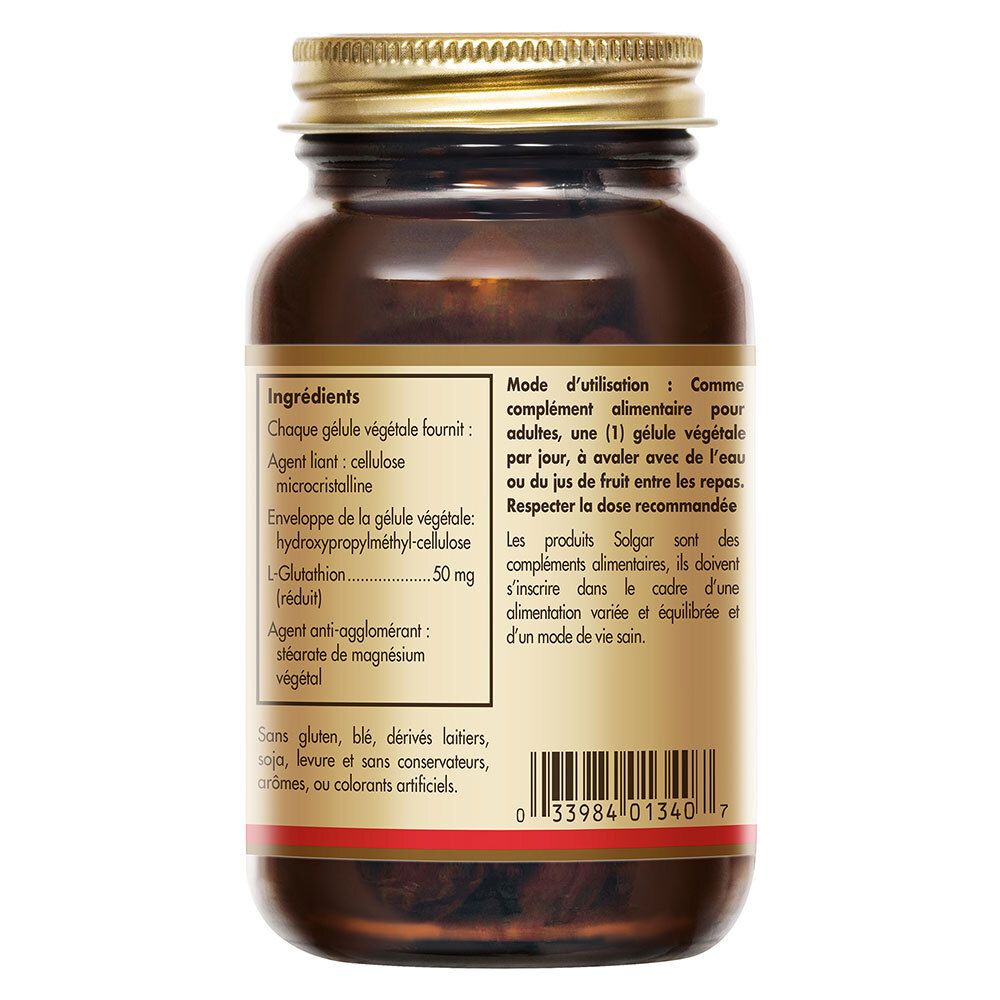 Retro del flacone. Ingredienti: cellulosa, idrossipropilmetilcellulosa, L-Glutathione 50 mg.