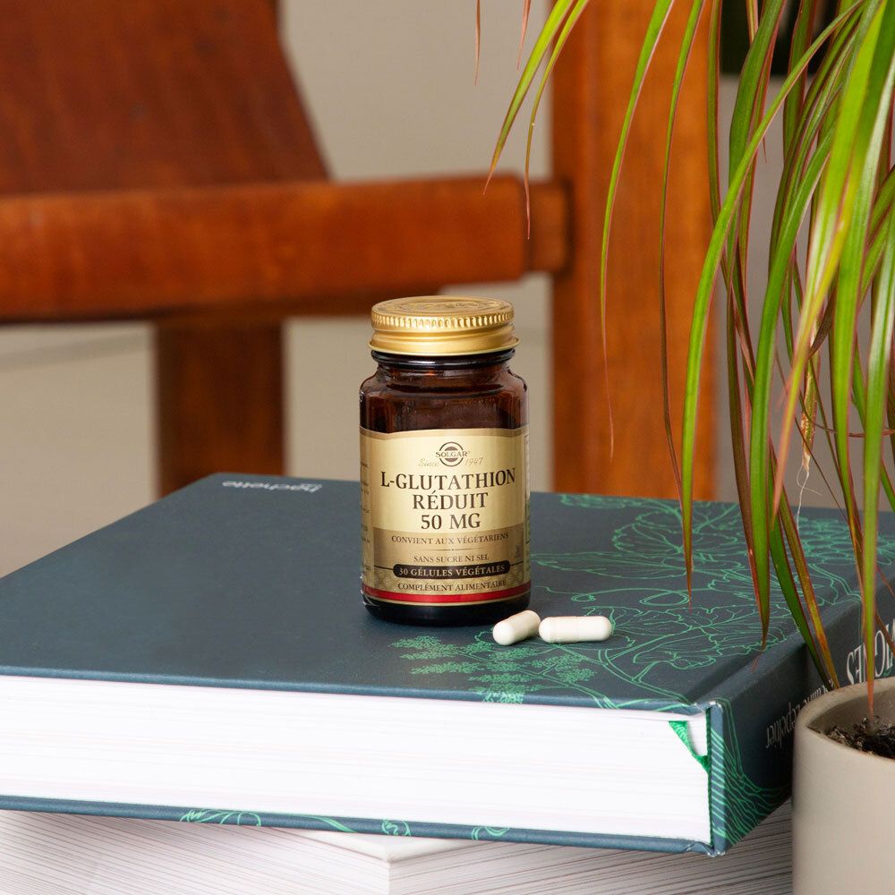 Flacone marrone con capsule su un libro. Pianta sullo sfondo.