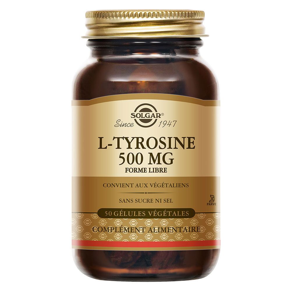 Flacone di vetro marrone con tappo dorato. Etichetta "L-Tyrosine 500 MG" e "50 Capsule Vegetali".