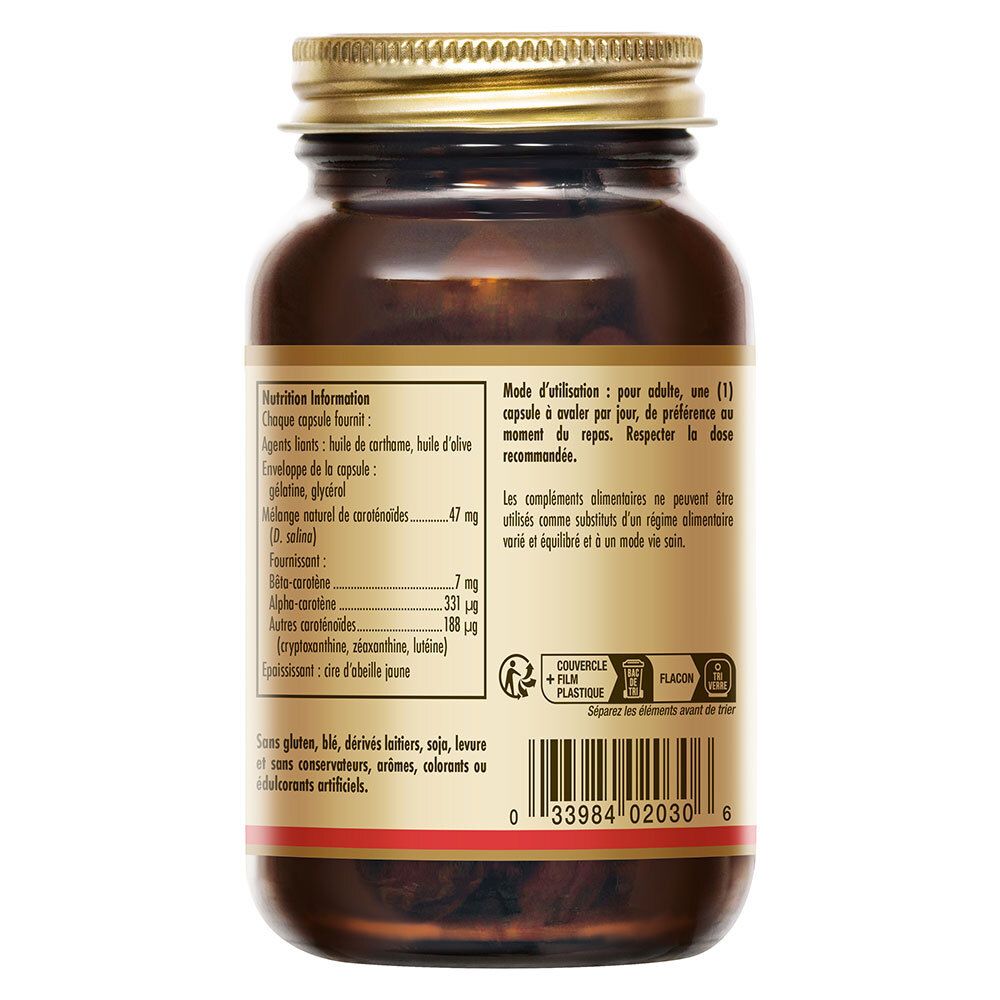Retro del flacone. Etichetta con informazioni nutrizionali e ingredienti. Testo in francese.