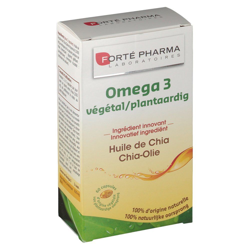 Scatola di integratore Omega 3 vegetale. Contiene 60 capsule. Marca: Forté Pharma. Olio di Chia.