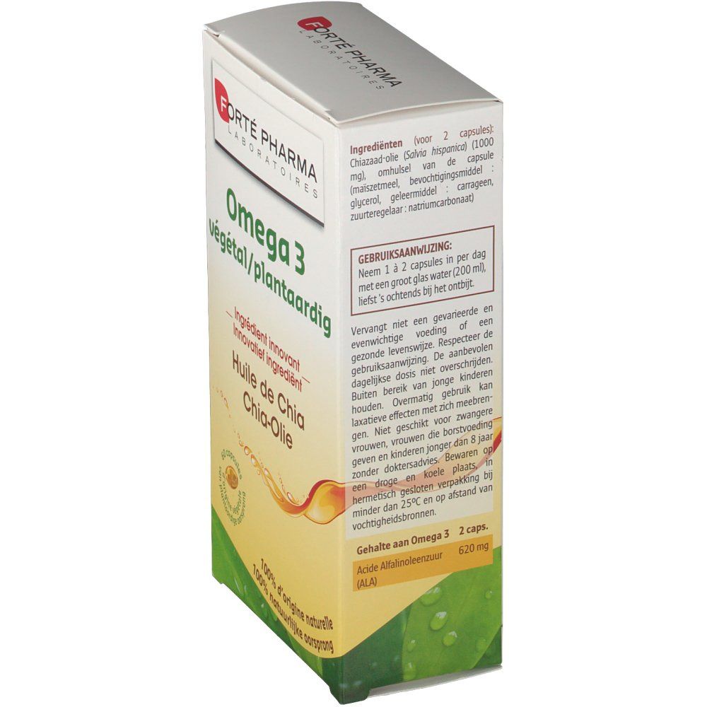 Scatola Omega 3 vegetale, retro. Ingredienti e istruzioni per l'uso. Marca: Forté Pharma.