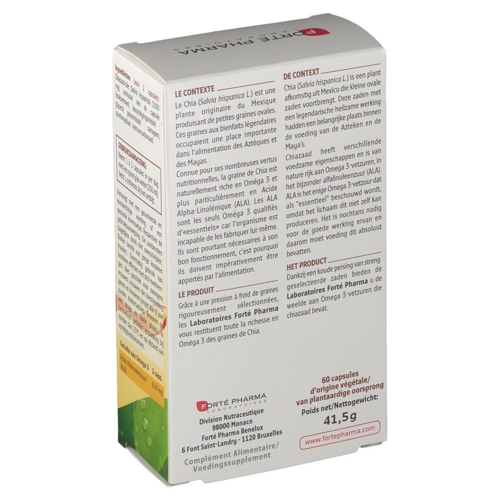 Retro della scatola Omega 3 vegetale. Testo sui semi di chia e omega 3. Marca: Forté Pharma.