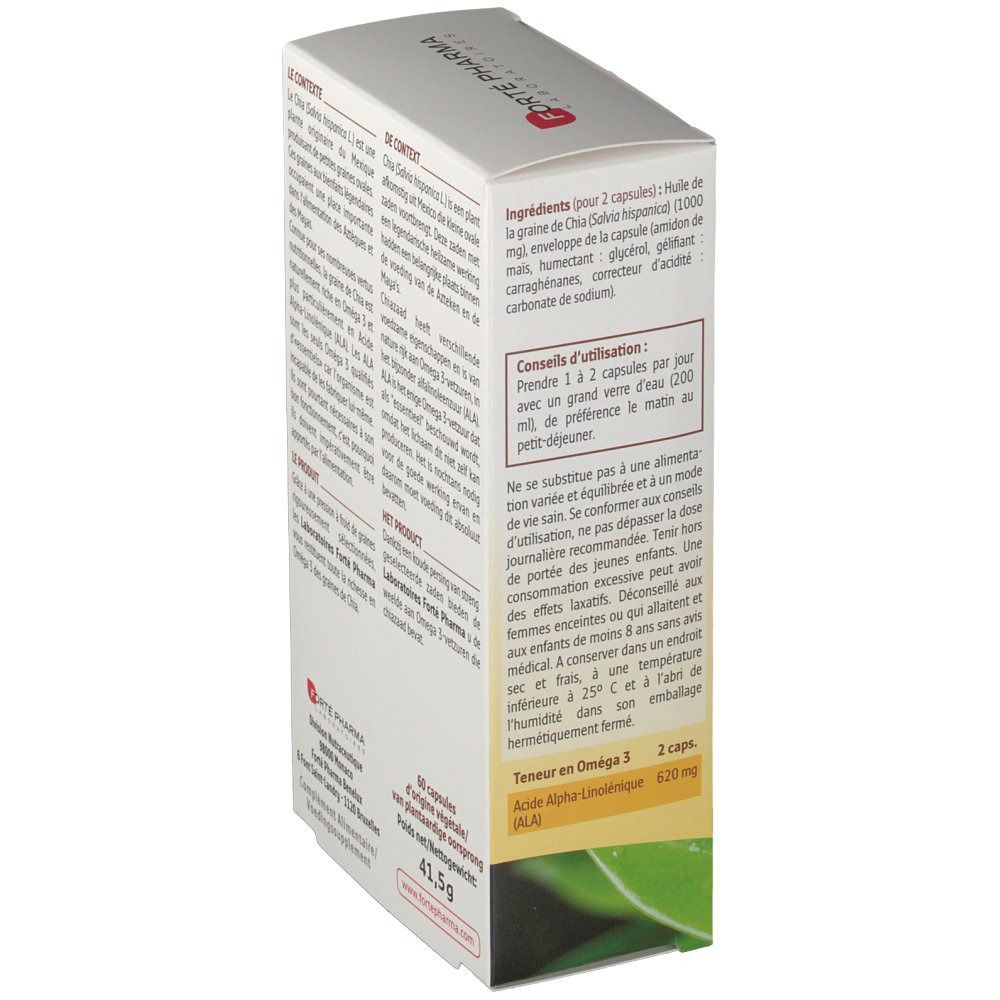 Scatola Omega 3 vegetale. Contiene 60 capsule. Ingredienti e istruzioni per l'uso. Marca: Forté Pharma.