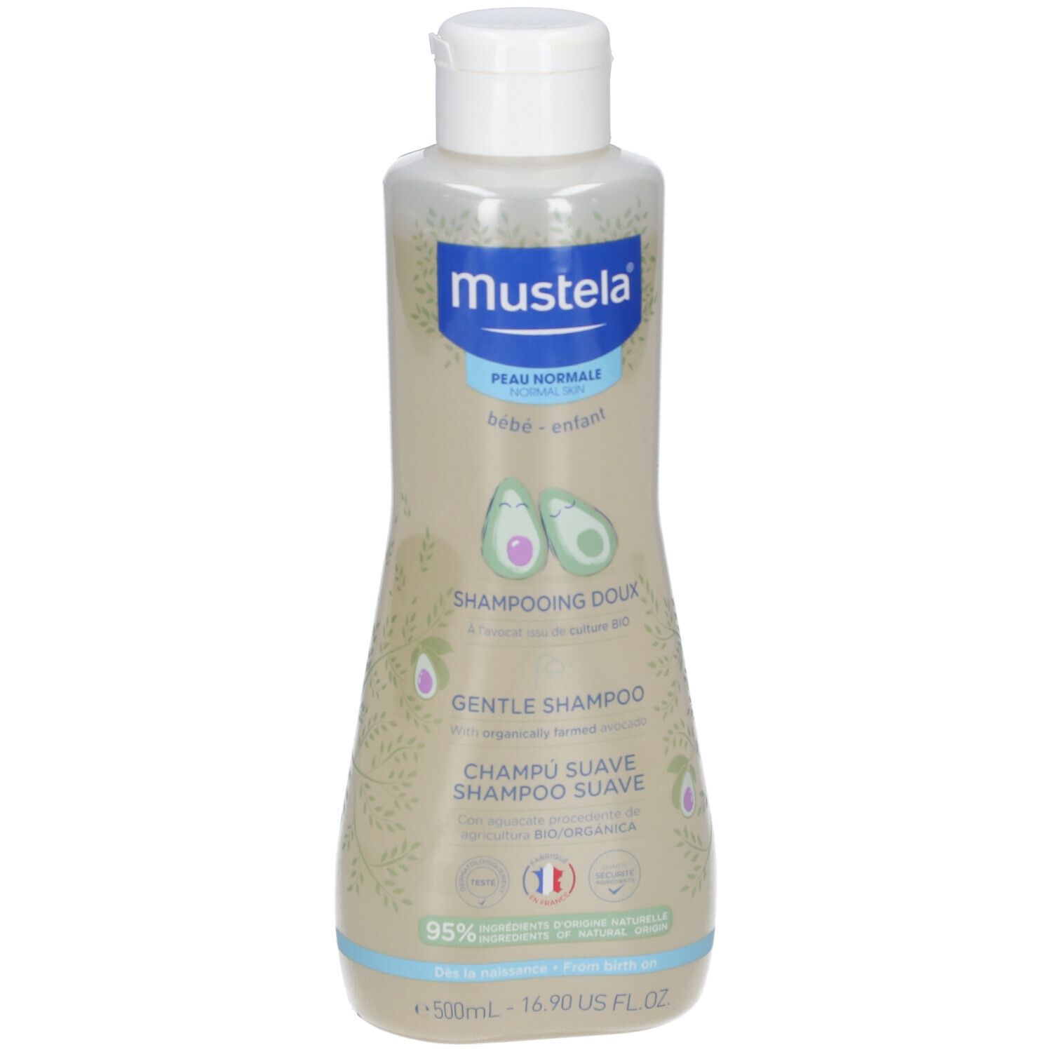 Flacone di shampoo Mustela®, tappo bianco, liquido chiaro. Scritte: Peau Normale, Bébé-enfant, Shampooing Doux, Gentle Shampoo.