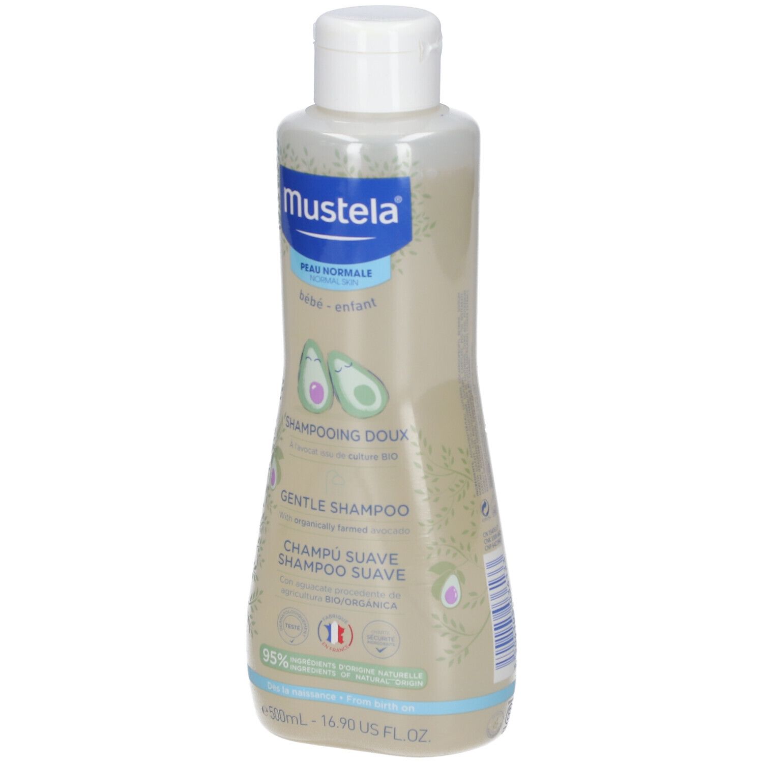Flacone di shampoo Mustela®, tappo bianco, liquido chiaro. Scritte: Peau Normale, Bébé-enfant, Shampooing Doux, Gentle Shampoo.