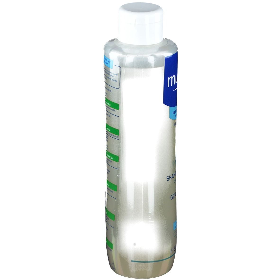 Flacone di shampoo Mustela®, vista laterale. Tappo bianco, liquido trasparente. Scritte: Mustela, Shampooing Doux, Gentle Shampoo.