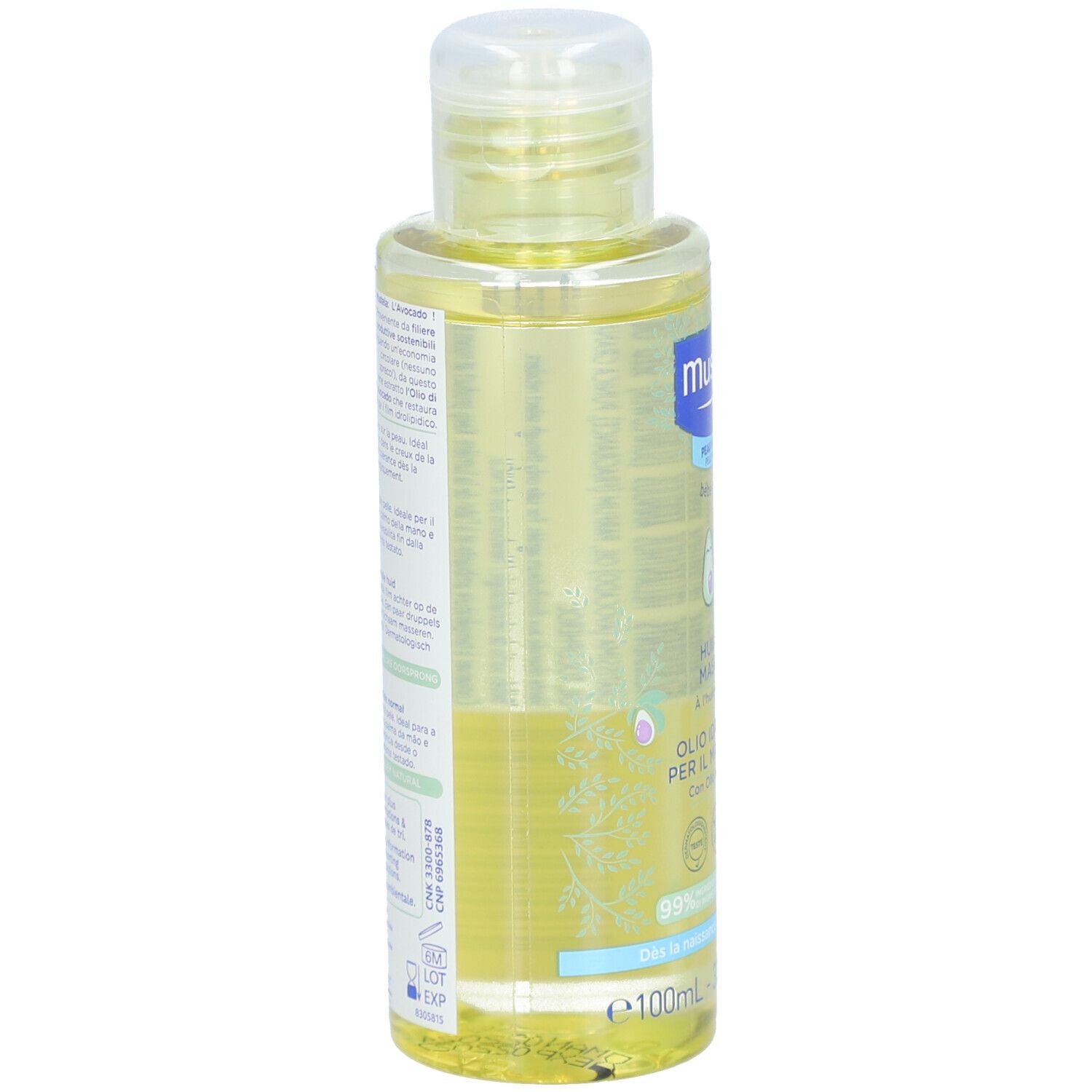 Retro del flacone di olio per massaggio Mustela®. Etichetta con informazioni e testo. Flacone trasparente.