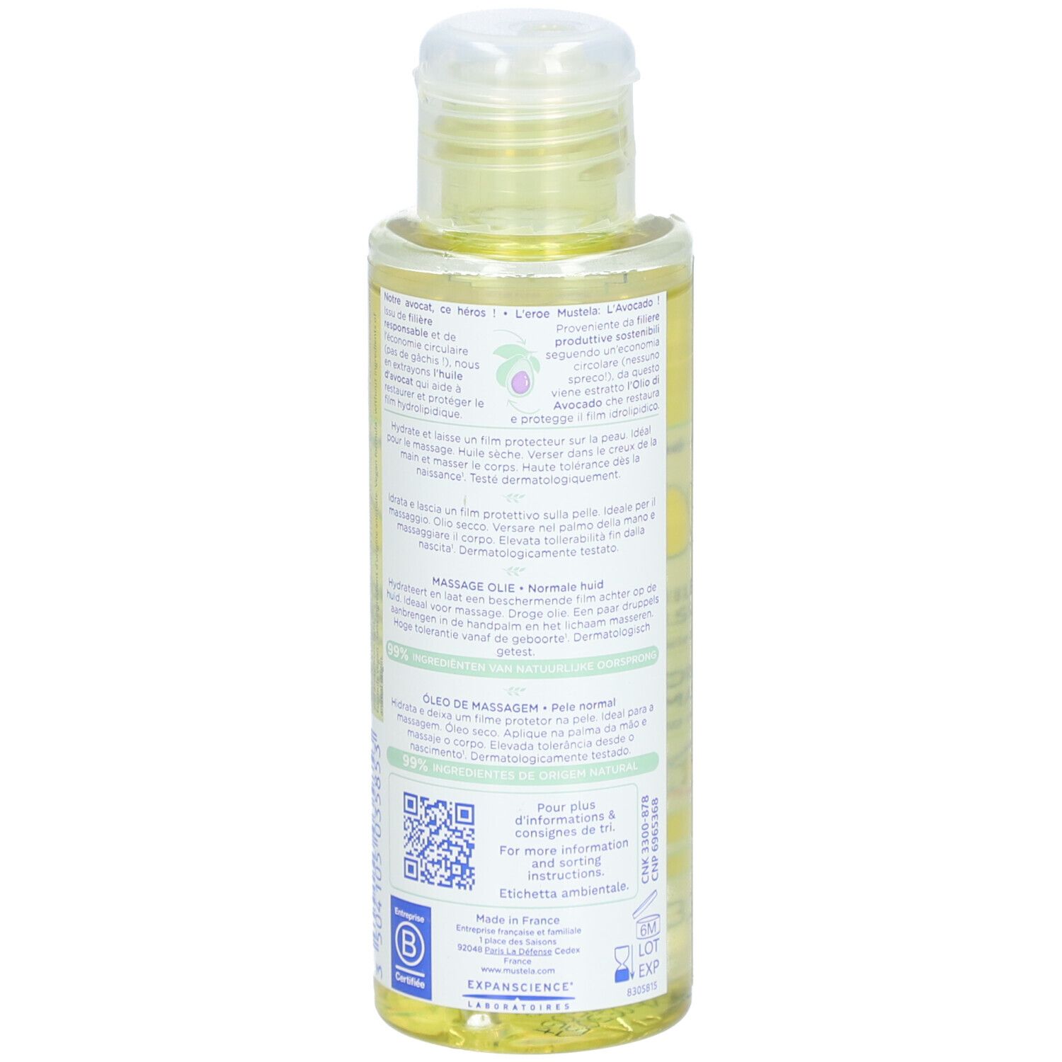 Retro del flacone di olio per massaggio Mustela®. Etichetta con testo, codice QR e certificazioni. Flacone trasparente.