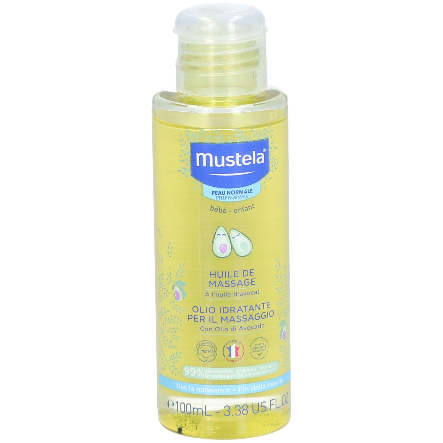 Flacone di olio per massaggio Mustela®. Liquido giallo, tappo bianco. Etichetta con illustrazioni di avocado e informazioni.