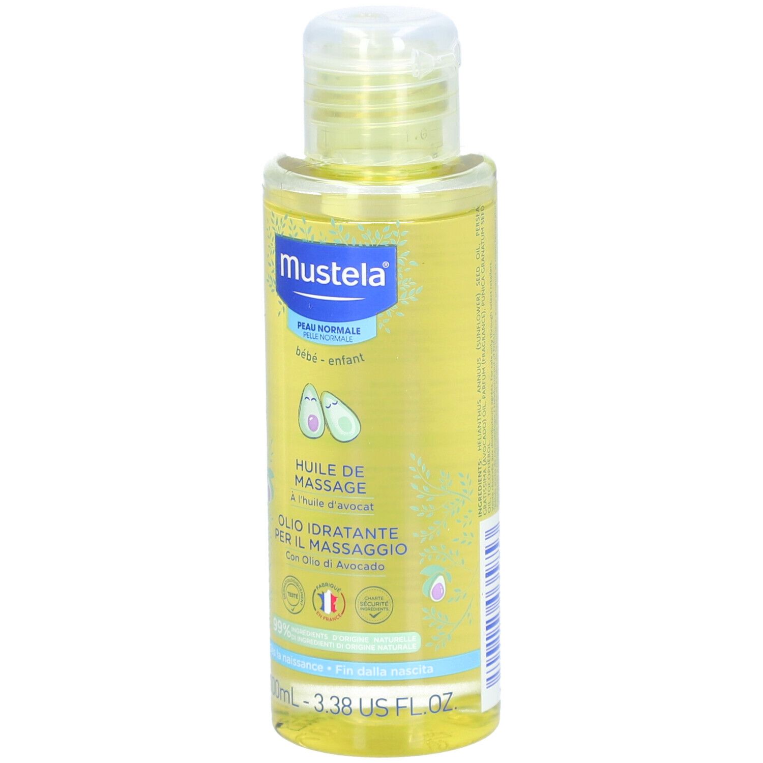Flacone di olio per massaggio Mustela®. Liquido giallo, tappo bianco. Etichetta con illustrazioni di avocado e informazioni.