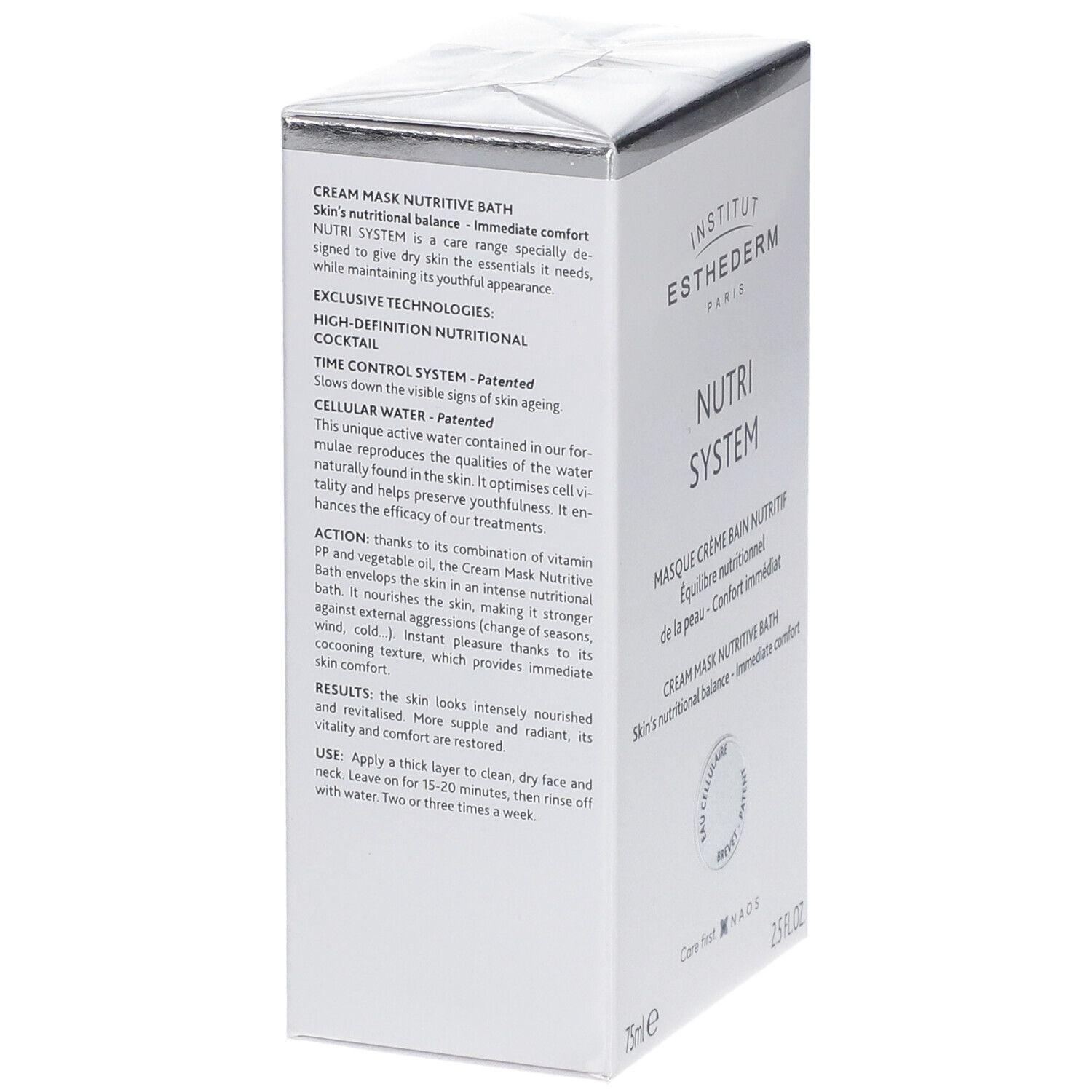 Scatola bianca, testo sul lato: Creme Mask Nutritive Bath, tecnologie esclusive, Time Control System, Cellular Water.