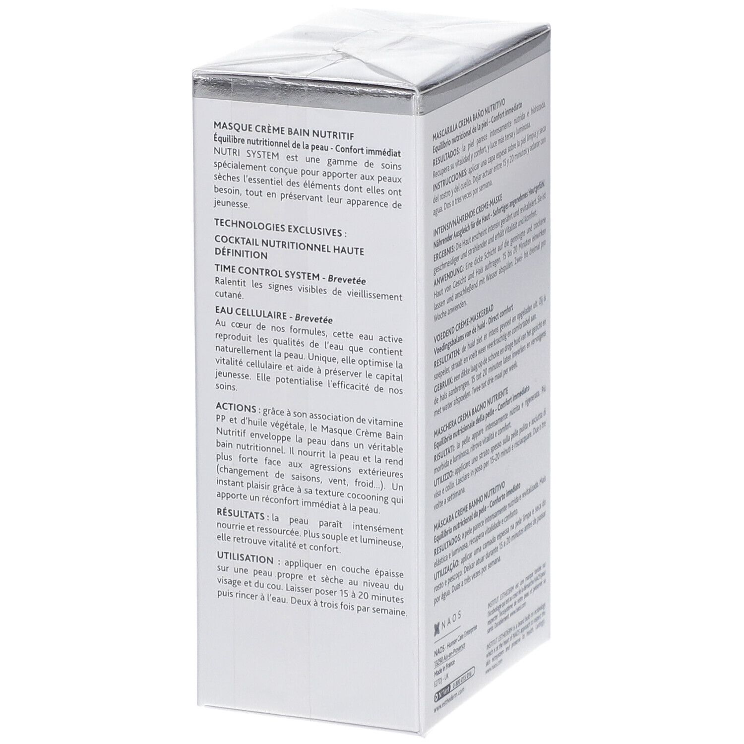 Scatola bianca, testo sul lato: Maschera crema bagno nutritivo, tecnologie esclusive, Time Control System, Cellular Water.