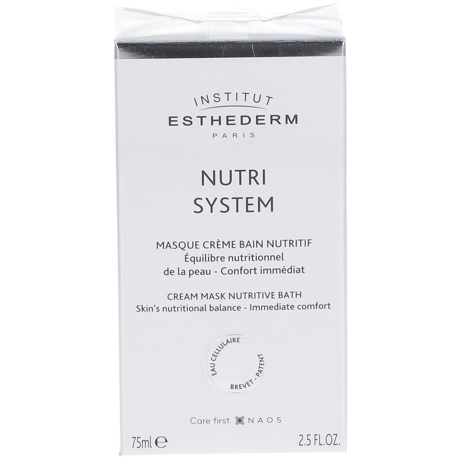 Scatola bianca con logo e nome del prodotto. Testo: Nutri System, Masque Crème Bain Nutritif. 75ml, 2.5 FL.OZ.