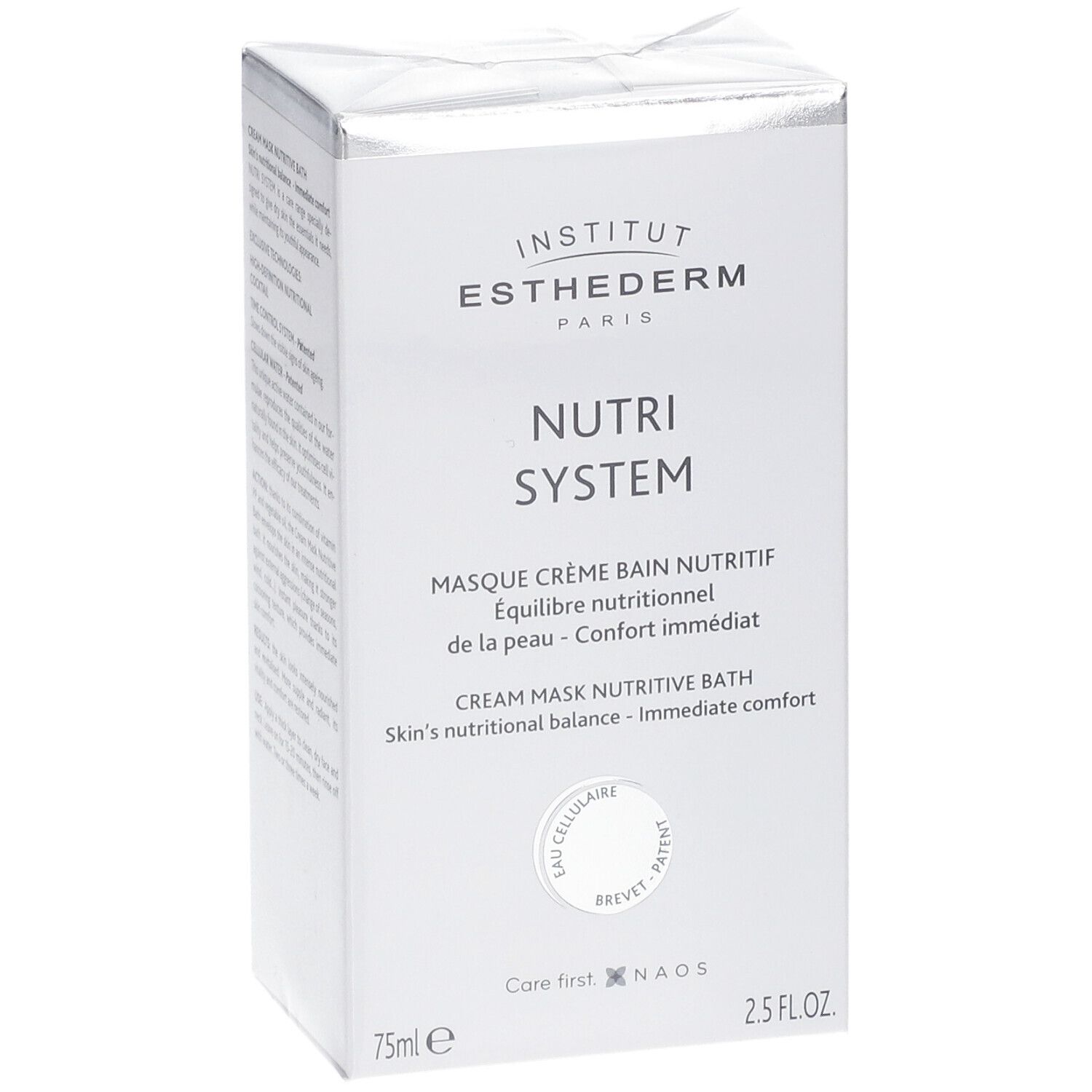 Scatola bianca con logo e nome del prodotto. Testo: Nutri System, Masque Crème Bain Nutritif. 75ml, 2.5 FL.OZ.