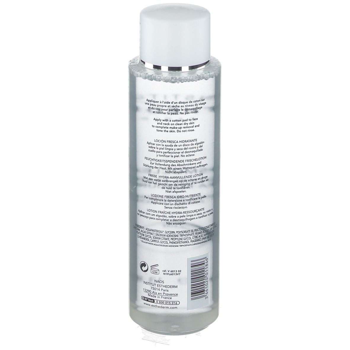 Flacone trasparente con tappo bianco. Etichetta con testo. INSTITUT ESTHEDERM visibile. Flacone su sfondo bianco.