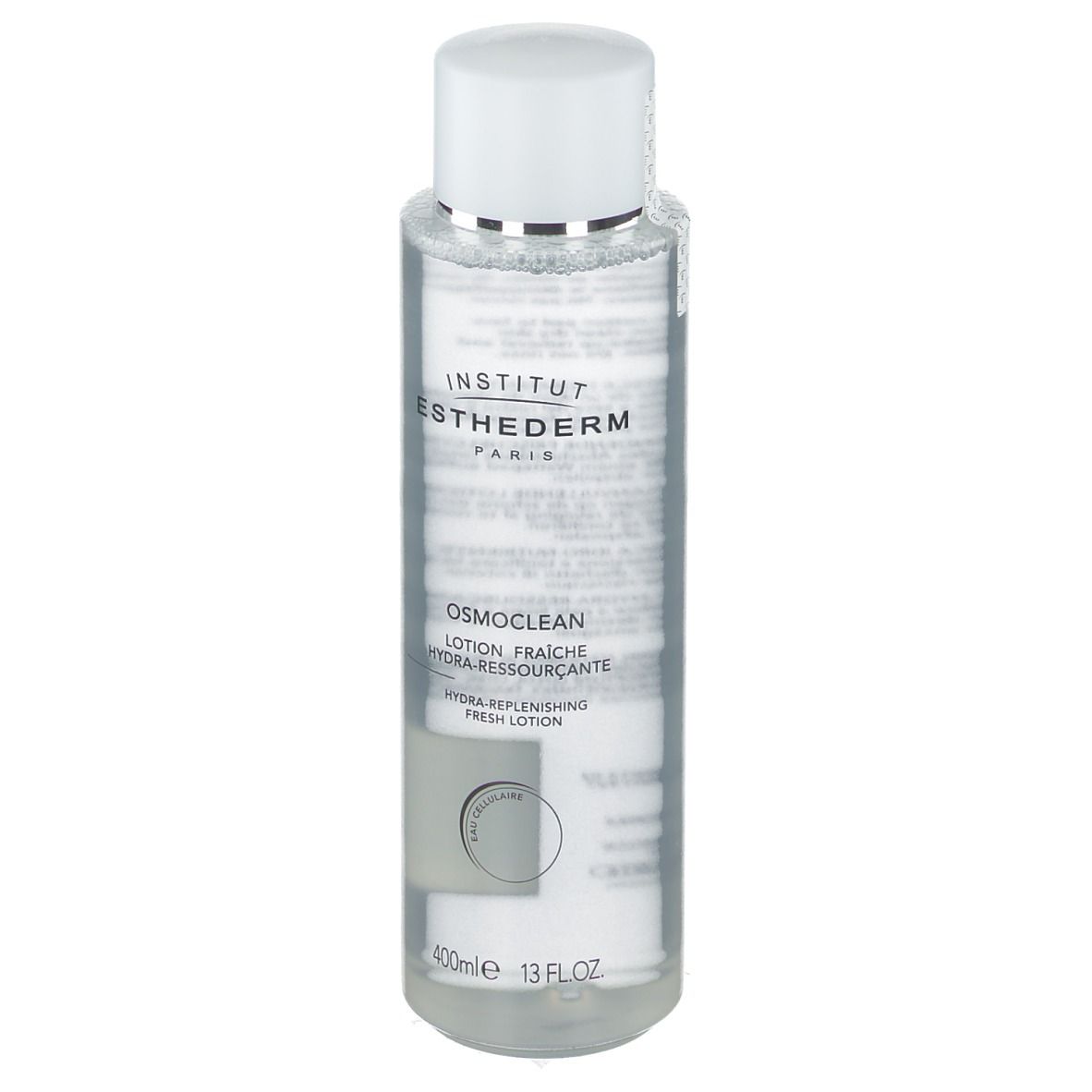 Flacone trasparente con tappo bianco. Etichetta con testo. INSTITUT ESTHEDERM e OSMOCLEAN visibili. Flacone in piedi.