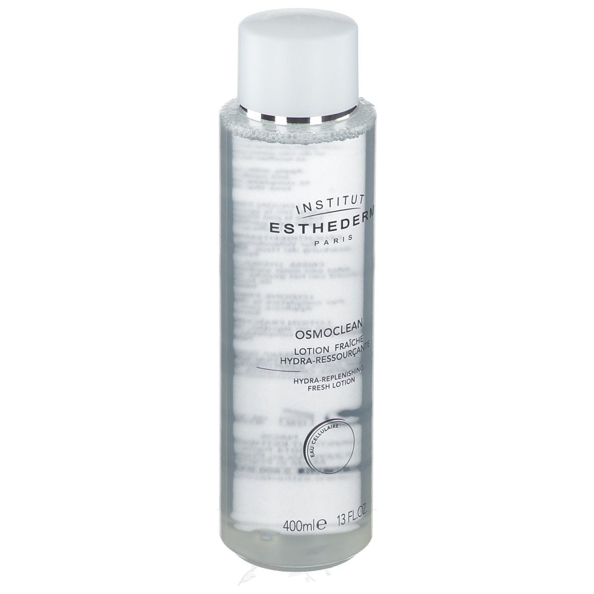 Flacone trasparente con tappo bianco. Etichetta con testo. INSTITUT ESTHEDERM e OSMOCLEAN visibili. Flacone in piedi.