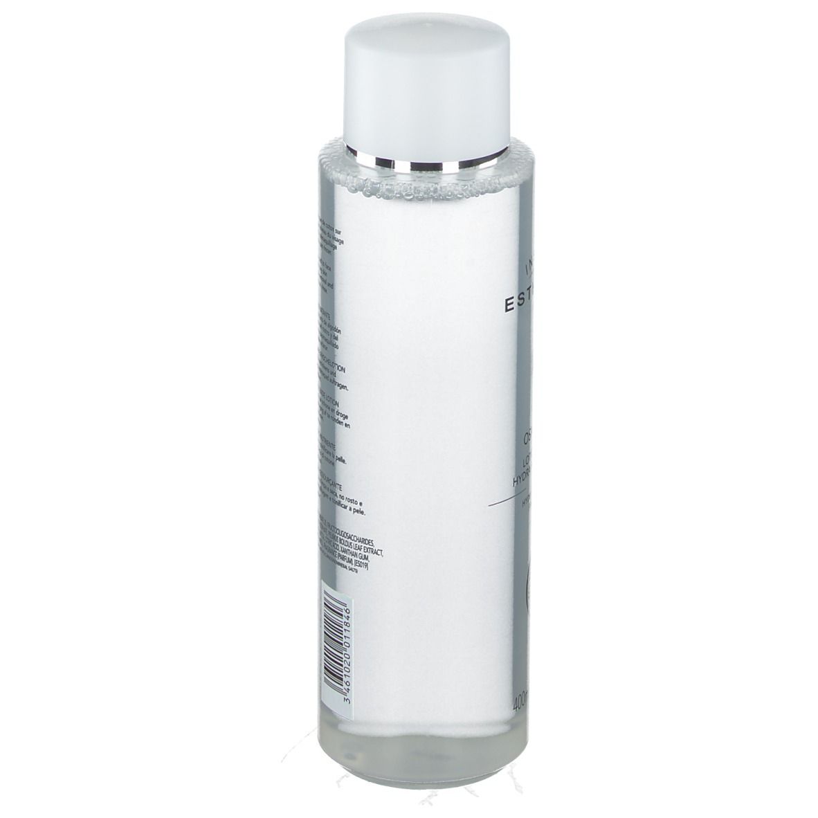 Flacone trasparente con tappo bianco. Etichetta con testo. INSTITUT ESTHEDERM visibile. Flacone su sfondo bianco.