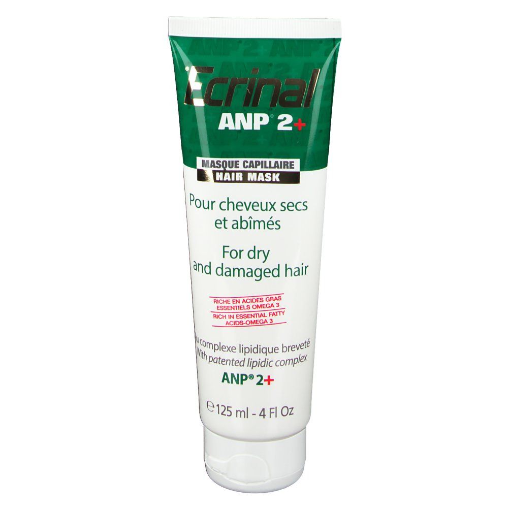 Tubo di maschera per capelli Ecrinal ANP 2+. Per capelli secchi e danneggiati. Contenuto 125 ml. Fondo bianco, tappo bianco e verde.
