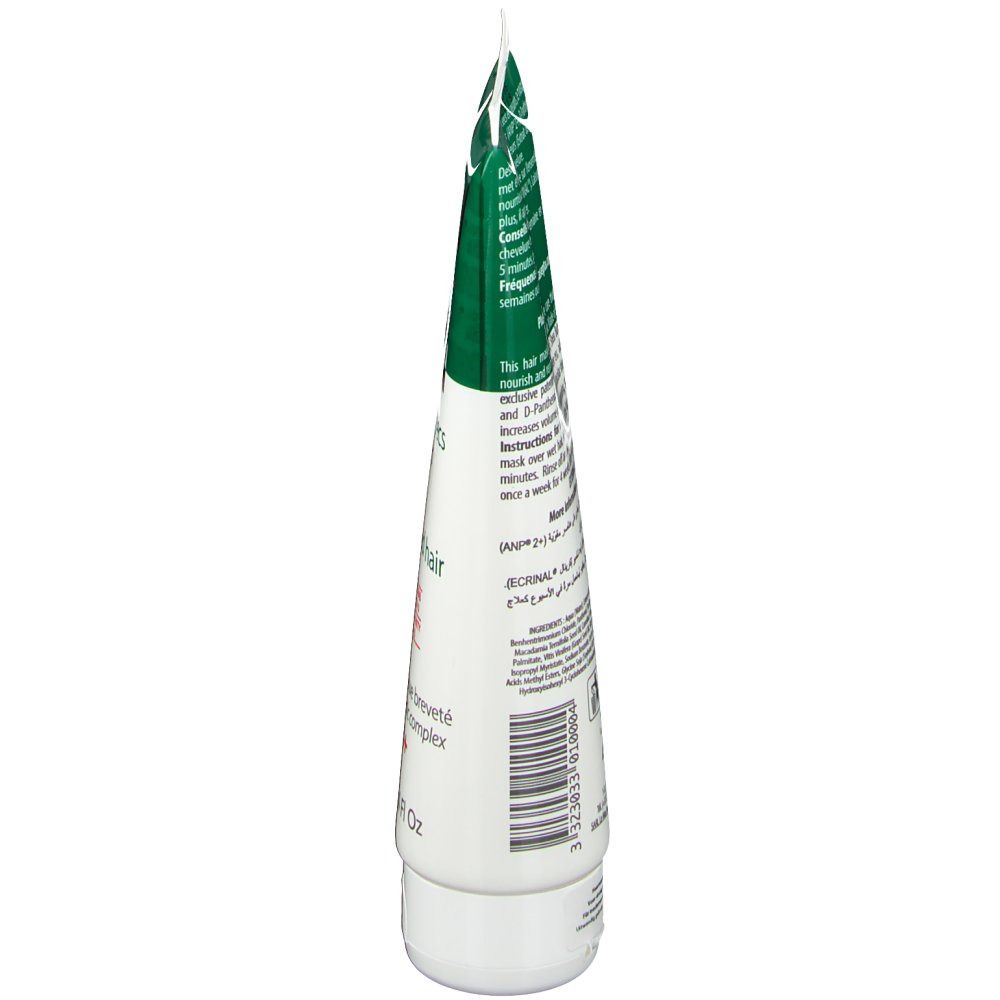Retro del tubo di maschera per capelli Ecrinal ANP 2+. Testo multilingue. Codice a barre e indicazione del volume: 125 ml.