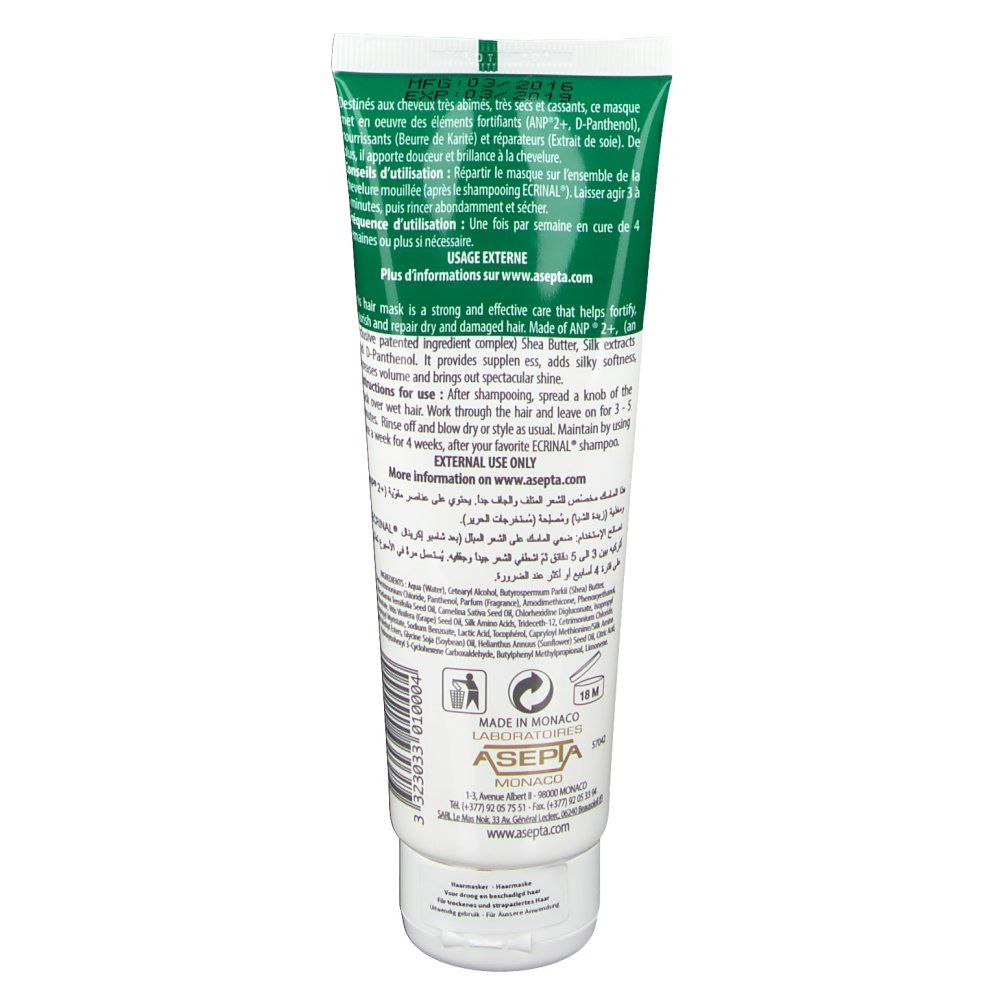 Retro del tubo di maschera per capelli Ecrinal ANP 2+. Testo multilingue. Prodotto a Monaco. Solo per uso esterno.