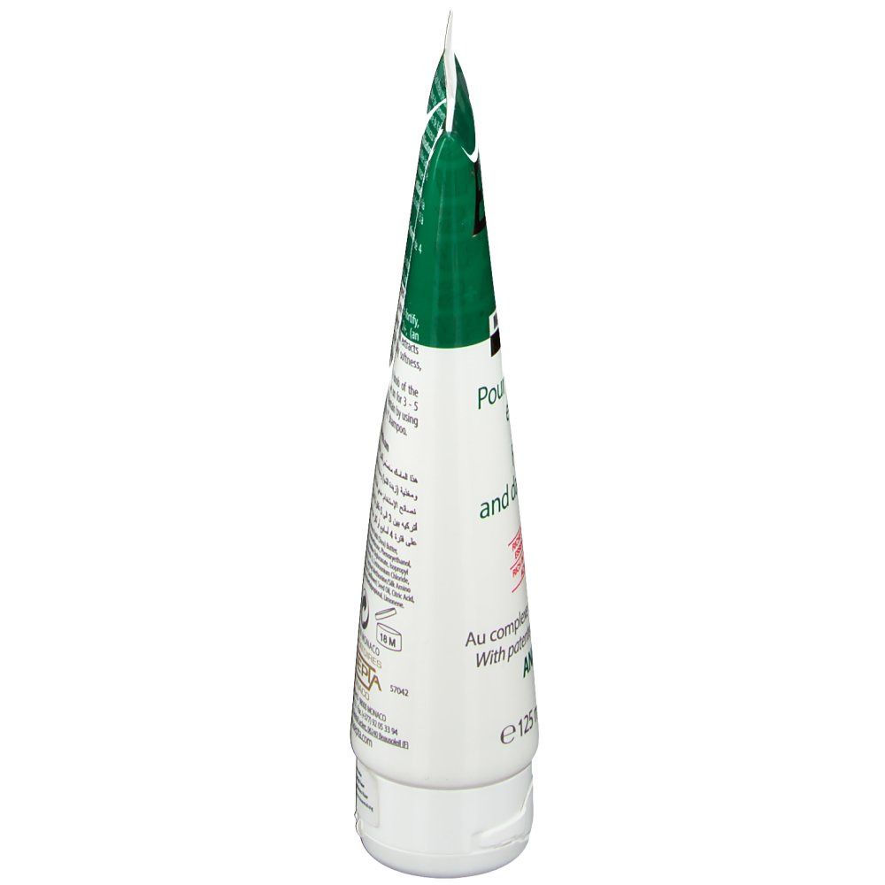 Vista laterale del tubo di maschera per capelli Ecrinal ANP 2+. Testo multilingue. Indicazione del volume: 125 ml.