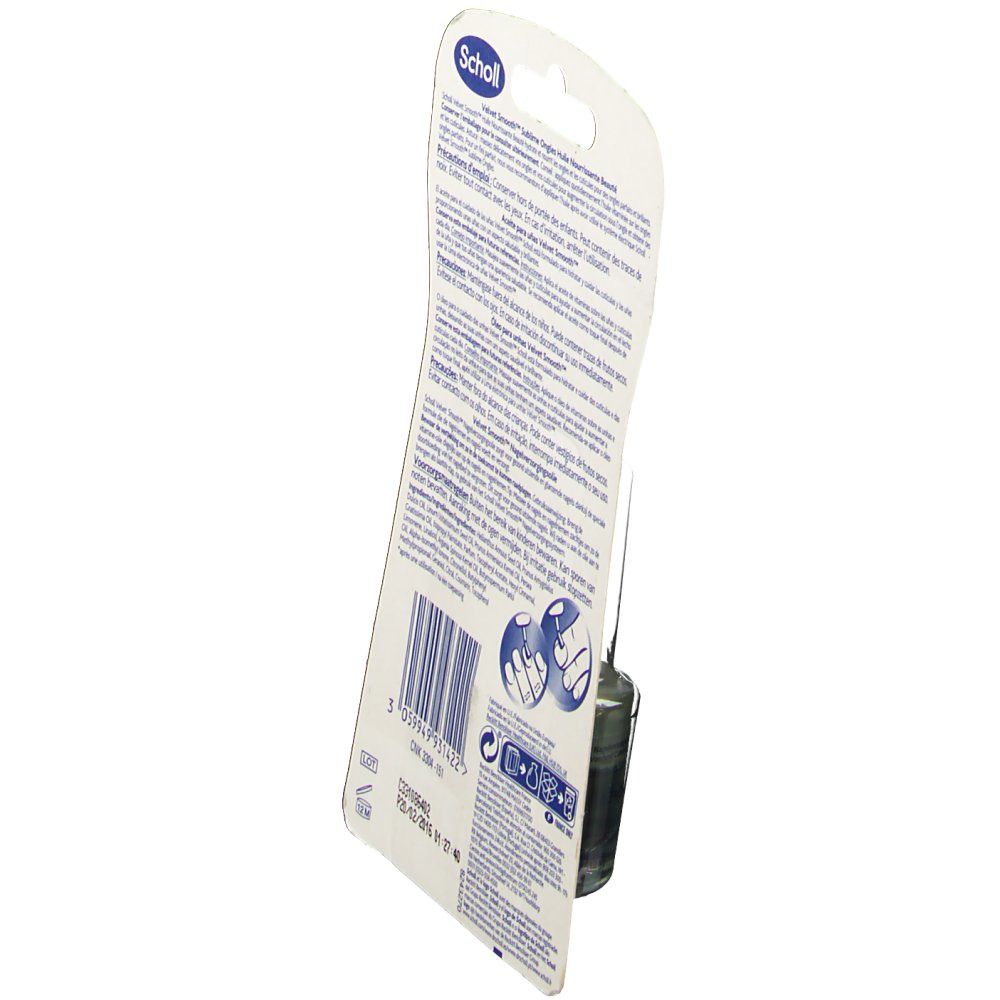 Retro della confezione dell'olio per unghie Scholl Velvet Smooth. Testo multilingue. Codice a barre e informazioni.